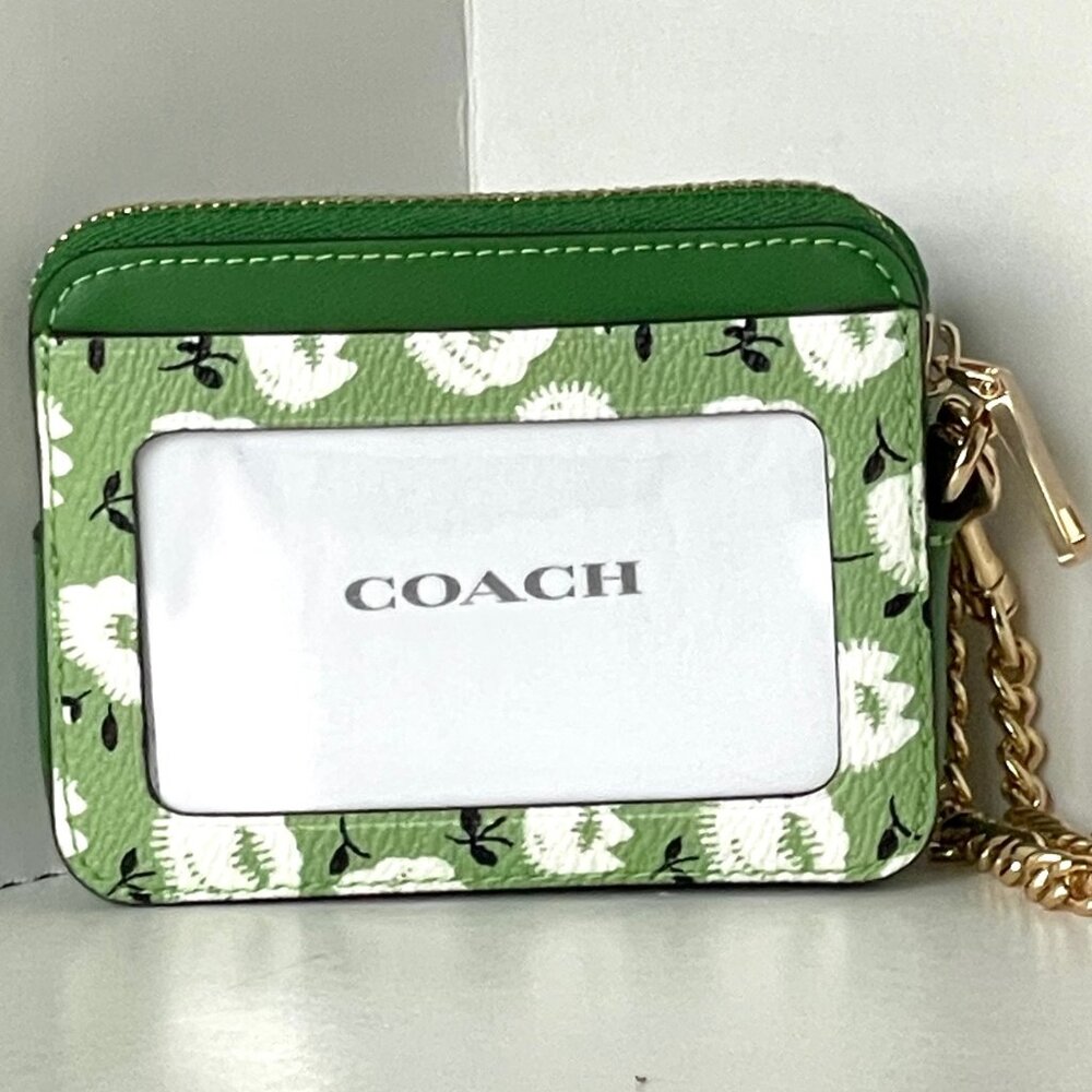 Coach Zip Card Case CBL79 Floral Print Kelly Green Multi Coated Canvas Chain - Picture 2 of 7